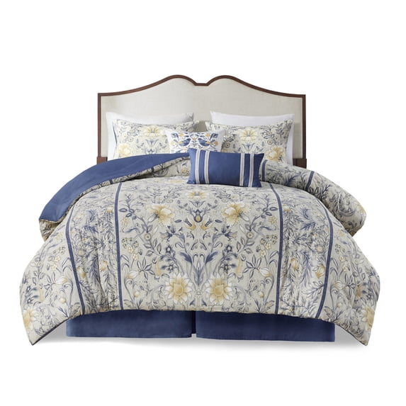 JERFIT 6-Piece Cotton Comforter Set, Farmhouse Style Floral Print Bedding Set with Comforter, Shams, Bed Skirt & Decorative Pillows, Full Size, Blue Yellow Botanical, OEKO-TEX Certified