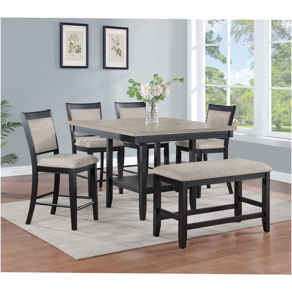JERFIT 6-Piece Counter Height Dining Set with Lazy Susan, Light Gray Upholstered Chairs and Bench, Farmhouse Style Wood Table for Kitchen Dining Room