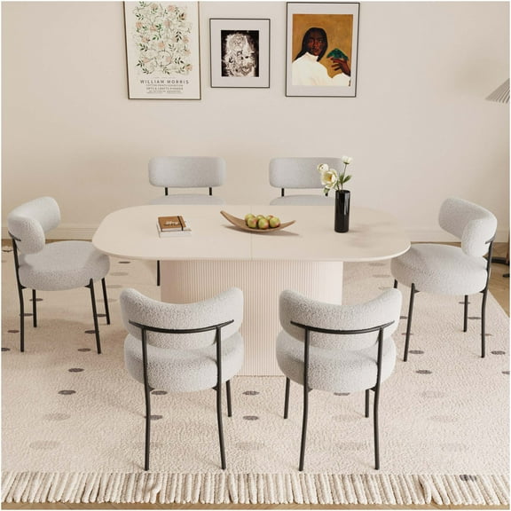 JERFIT 6-Piece Cream White Dining Set with Table and Upholstered Chairs, Modern Farmhouse Kitchen Table Set for 6, Industrial MDF Dining Table & Chairs for Dining Room