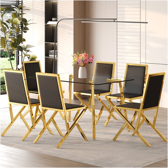 JERFIT 6-Piece Dining Set with Tempered Glass Table and PU Leather Chairs, Modern Black and Gold Kitchen Table Set for 6, Luxe Home Restaurant Furniture
