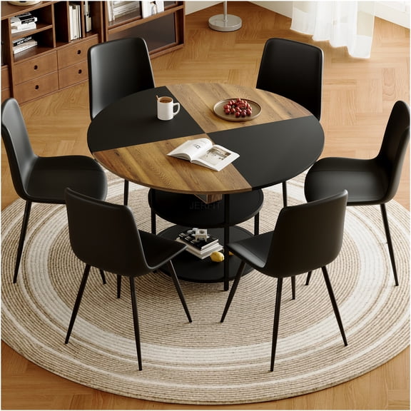 JERFIT 6-Piece Dining Set with Circular Table & PU Chairs, Double Layer Storage, Modern Spliced Design for Kitchen Restaurant