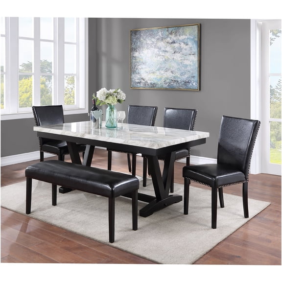 JERFIT 6-Piece Dining Set with Faux Marble Table, Upholstered Chairs and Bench, White and Black Modern Kitchen Table Set for 6