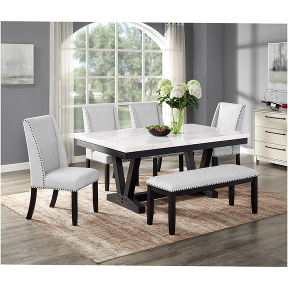 JERFIT 6-Piece Dining Set with Genuine Marble Tabletop, Upholstered Chairs and Bench, Modern Gray and Black Dining Room Table Set