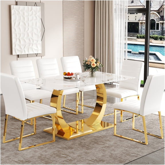 JERFIT 6-Piece Dining Set with Marble Glass Table & Modern Chairs, Gold Accent, White/Gold, Seats 6
