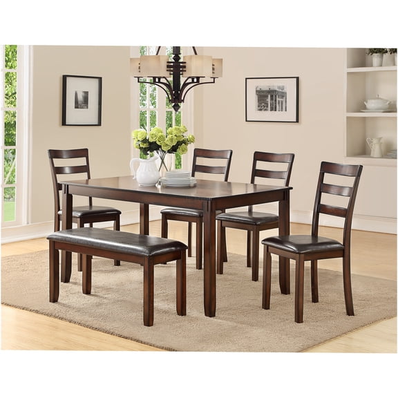 JERFIT 6-Piece Dining Set with Table, 4 Chairs and Bench, Espresso Brown Solid Wood Kitchen Furniture for Dining Room