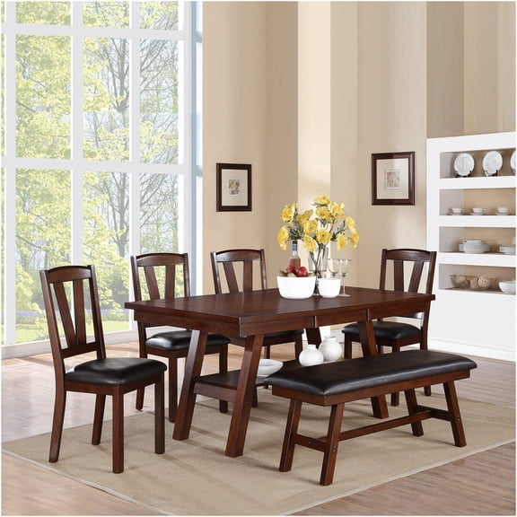 JERFIT 6-Piece Dining Set with Table, 4 Chairs and Bench, Transitional Dark Walnut Wood Kitchen Dining Room Furniture