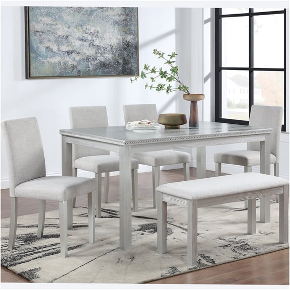 JERFIT 6-Piece Dining Set with Table, 4 Chairs and Bench, Upholstered Seating, Crystal Accents, for Kitchen and Dining Room, Beige and Silver Gray