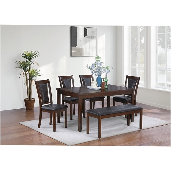 JERFIT 6-Piece Dining Set with Table, 4 Chairs and Bench, Walnut Black Upholstered Seating Group for Dining Room