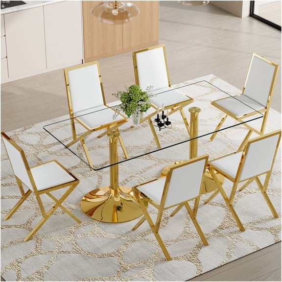JERFIT 6-Piece Dining Set with Tempered Glass Table & Upholstered Chairs, Modern Kitchen Table Set for 6, White and Gold Dining Room Furniture
