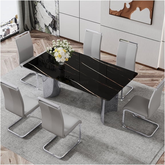 JERFIT 6-Piece Dining Set with Tempered Glass Tabletop and PU Chairs, Modern Marble Pattern and Silver Metal Legs for Kitchen, Dining Room