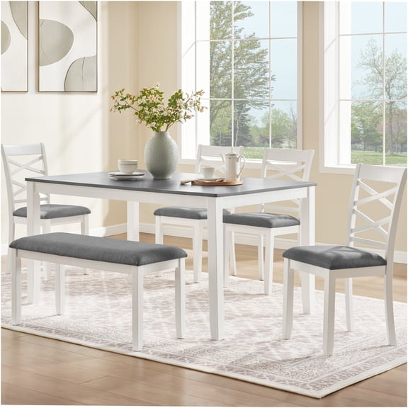 JERFIT 6-Piece Dining Table Set with Bench and 4 Chairs, Modern Kitchen Table Set for 6, Two-Tone Grey and White Dining Room Set, Easy Assembly