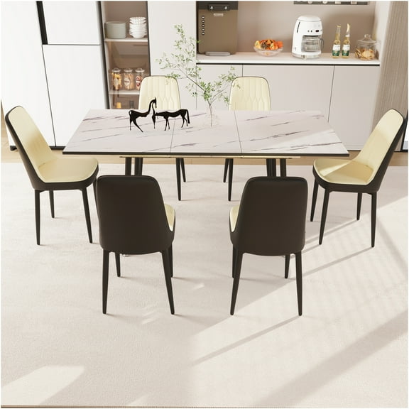JERFIT 6-Piece Expandable Dining Table Set for 6, Beige PU Leather Chairs, Mid-Century Modern Kitchen Table Set with Black Metal Legs