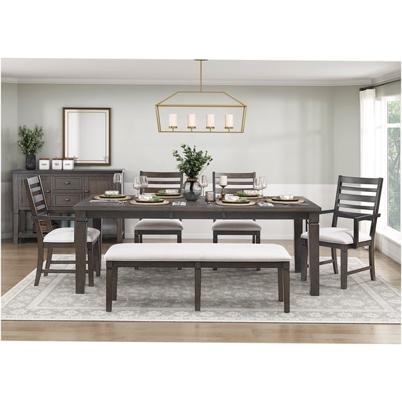 JERFIT 6-Piece Extendable Dining Set with Bench, Espresso Wood Table and Upholstered Chairs for 6