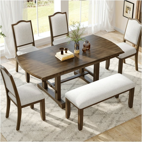 JERFIT 6-Piece Extendable Dining Set with Removable Leaf, Upholstered Chairs and Bench, Rubber Wood Kitchen Table Set for 6-8, Brown and Beige