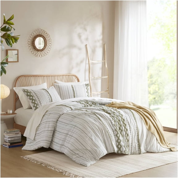 JERFIT 6-Piece Full Queen Comforter Set, Chenille Tufted Bedding Set with Aztec Print, Hypoallergenic, 100% Cotton, Multicolor Sage Ivory