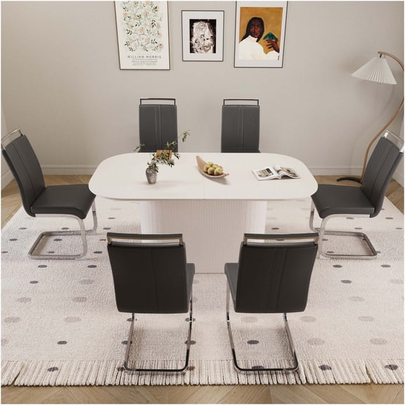 JERFIT 6-Piece Modern Cream Dining Table Set with PU Chairs, Silver Metal Legs, for Kitchen & Dining Room