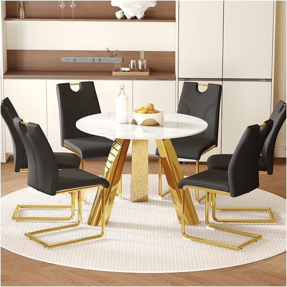 JERFIT 6-Piece Modern Dining Set with Sintered Stone Tabletop and Gold Metal Legs, Black and White Round Table and Chairs for Kitchen, Dining Room