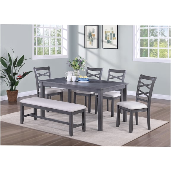 JERFIT 6-Piece Modern Dining Set with Table, 4 Chairs & Bench, Gray Two-Tone Rubberwood, Upholstered Seats
