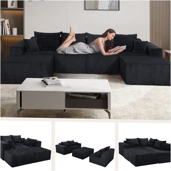JERFIT 6-Piece Modular Sectional Sofa with Chaise, Black Corduroy Upholstery, No Assembly Required, Convertible U-Shape Couch for Living Room