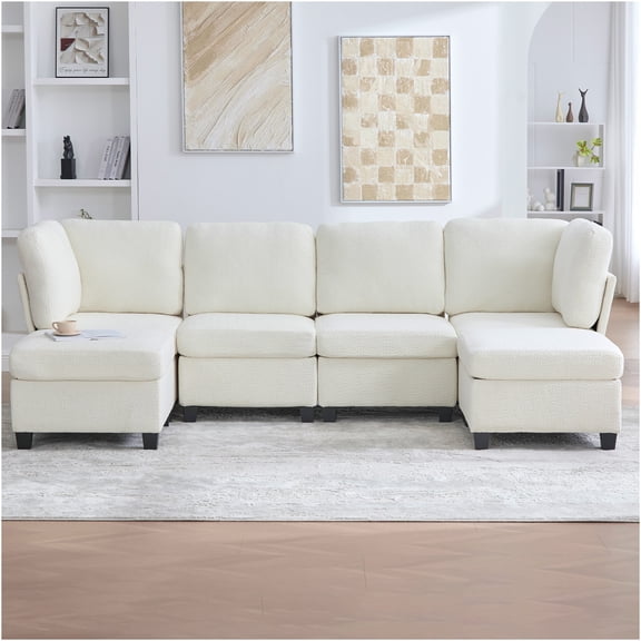 JERFIT 6-Piece Modular Sectional Sofa with Chaise and Storage Ottoman, Customizable U-Shaped Convertible Couch for Living Room, Apartment, Beige