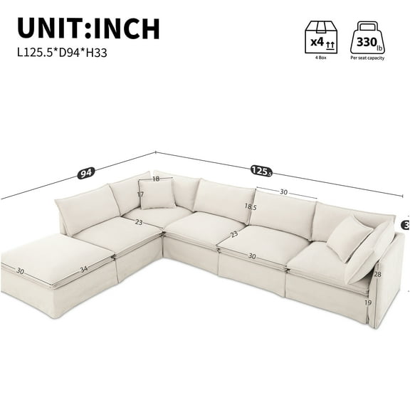 JERFIT 6-Piece Modular Sectional Sofa with Movable Ottoman, Off White Chenille Fabric, Customizable L-Shaped Couch for Living Room, Apartment