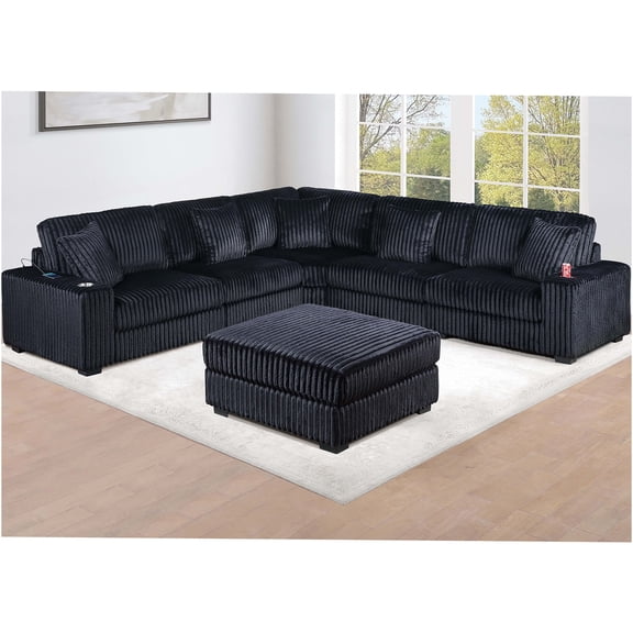 JERFIT 6-Piece Modular Sectional Sofa with USB Charger & Cup Holders, Black Corduroy Reversible Chaise Living Room Couch Set