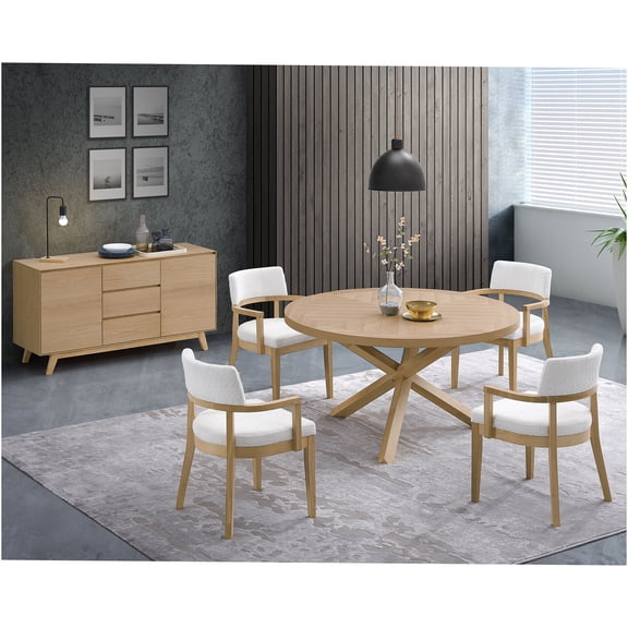 JERFIT 6-Piece Oak Finish Dining Set with Round Table, Side Chairs, and Server Buffet for Kitchen and Dining Room