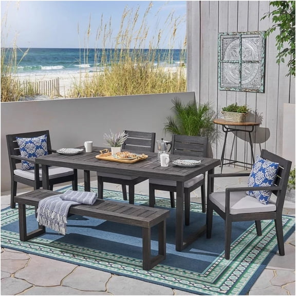 JERFIT 6-Piece Outdoor Dining Set with Table, Bench & Chairs, Acacia Wood Patio Furniture, Water-Resistant Cushions, Dark Gray Frame
