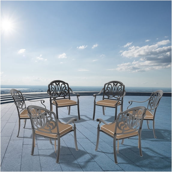 JERFIT 6-Piece Outdoor Patio Dining Set, Aluminum Armchairs with Brown Cushions, Black Stackable Garden Chairs for Deck, Poolside