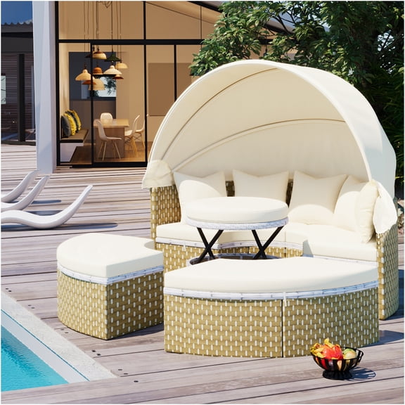 JERFIT 6-Piece Outdoor Patio Sectional Sofa Set with Retractable Canopy, Beige PE Rattan Sunbed Daybed, Adjustable Table, Ottoman & Waterproof Cushions for Garden, Poolside