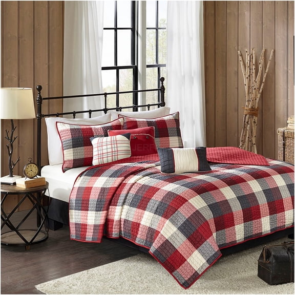 JERFIT 6-Piece Reversible Buffalo Plaid Quilt Set with Pillows, King/Cal King, Herringbone Design, Red