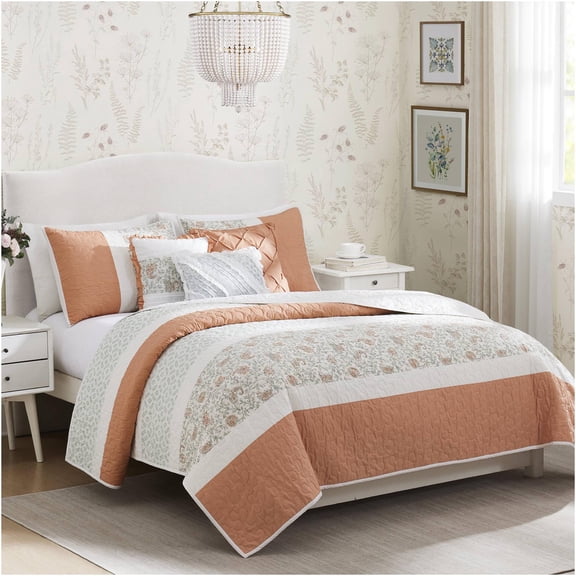 JERFIT 6-Piece Reversible Coral Quilt Set with Pillows, OEKO-TEX Certified Farmhouse Bedding for Full/Queen Size