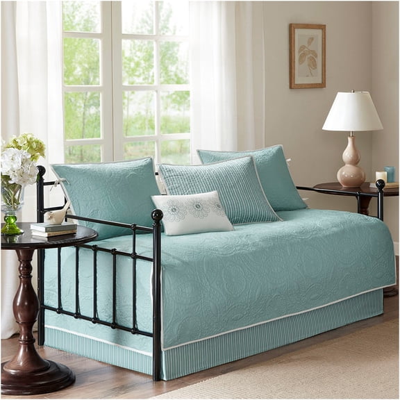 JERFIT 6-Piece Reversible Daybed Cover Set with Bed Skirt, Blue Quilted Cotton Blend Twin Size Bedding Set, Machine Washable