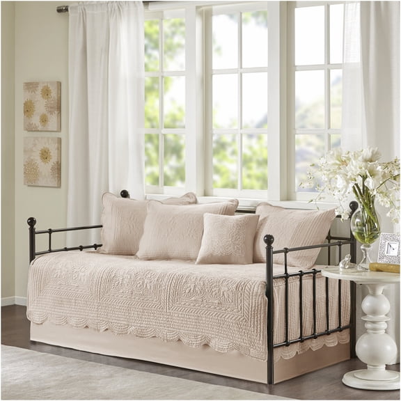 JERFIT 6-Piece Reversible Daybed Set with Scalloped Edges, Antimicrobial Blush Pink Microfiber Cover, Sham & Bed Skirt for Twin Bed
