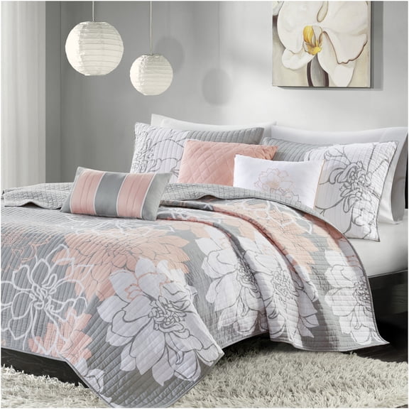 JERFIT 6-Piece Reversible Floral Quilt Bedding Set with Pillows, Grey and Peach Print, Full/Queen Size, OEKO-TEX Certified