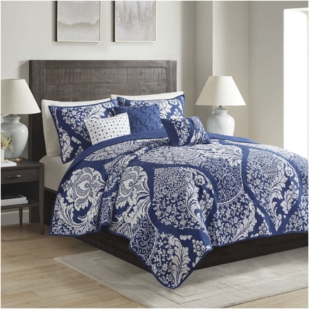JERFIT 6-Piece Reversible King Quilt Set with Decorative Pillows, OEKO-TEX Certified Indigo Damask Bedding