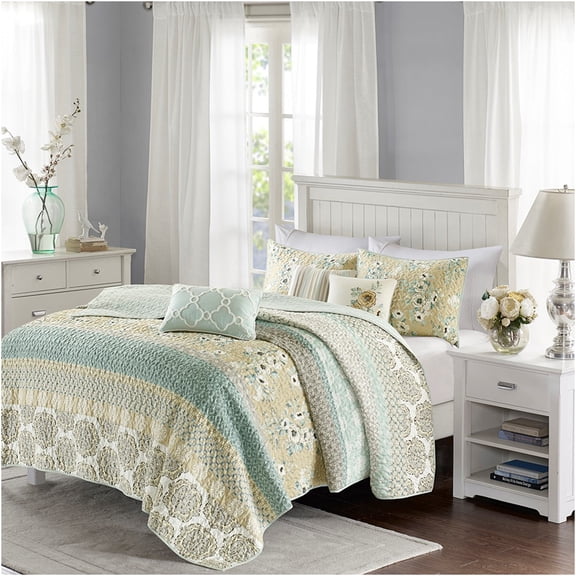 JERFIT 6-Piece Reversible Quilt Bed Set with Decorative Pillows, Green Floral Cottage Design, Full/Queen Size, Easy Care