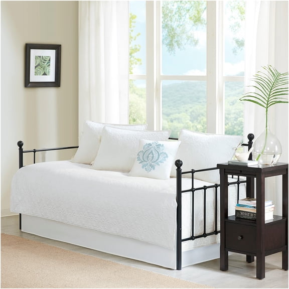 JERFIT 6-Piece Reversible Twin Daybed Cover Set with Bed Skirt & Pillows, Antimicrobial Cotton Blend, White