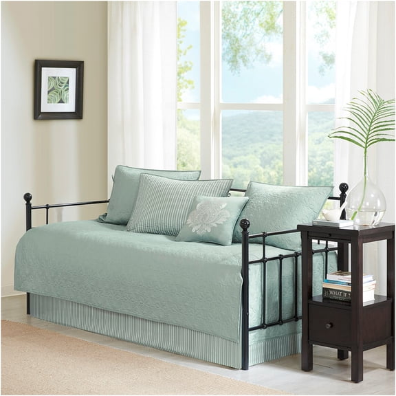 JERFIT 6-Piece Reversible Twin Daybed Cover Set with Skirt & Pillows, Antimicrobial Cotton Blend, Quilted Textured Design in Seafoam Green