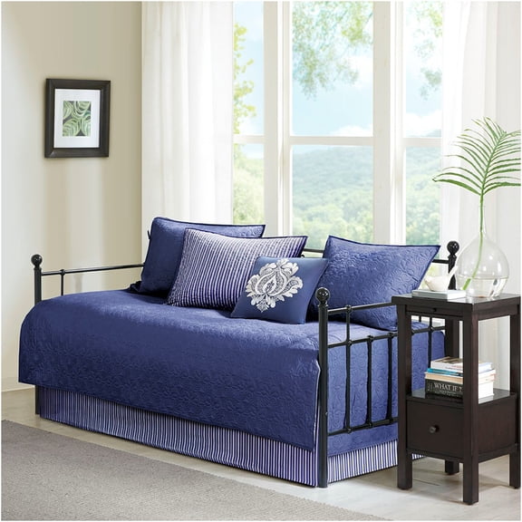 JERFIT 6-Piece Reversible Twin Daybed Set with Antimicrobial Protection, Navy Blue Cotton Blend Coverlet & Sham Collection