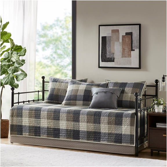 JERFIT 6-Piece Reversible Twin Daybed Set with Pillows - Plaid & Solid Cover, Bedskirt, Sham Covers