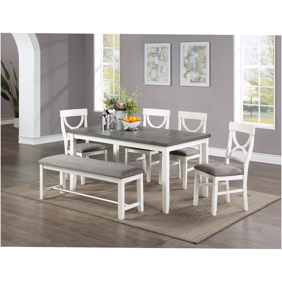 JERFIT 6-Piece White Dining Set with Table, 4 Chairs and Bench, Rubberwood Modern Kitchen Room Furniture
