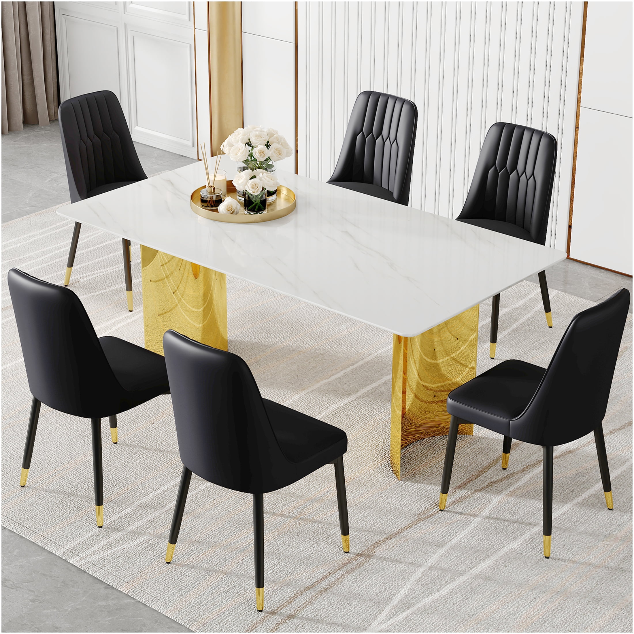 JERFIT 6-Seater Dining Table Set with Marble Glass Top and Gold Metal ...