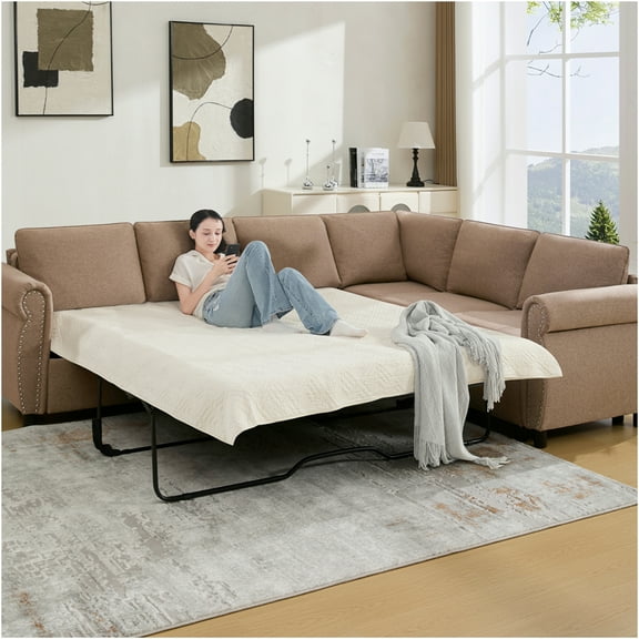 JERFIT 6-Seater L-Shaped Convertible Sleeper Sectional Sofa Bed with Pull-Out Mechanism, Brown