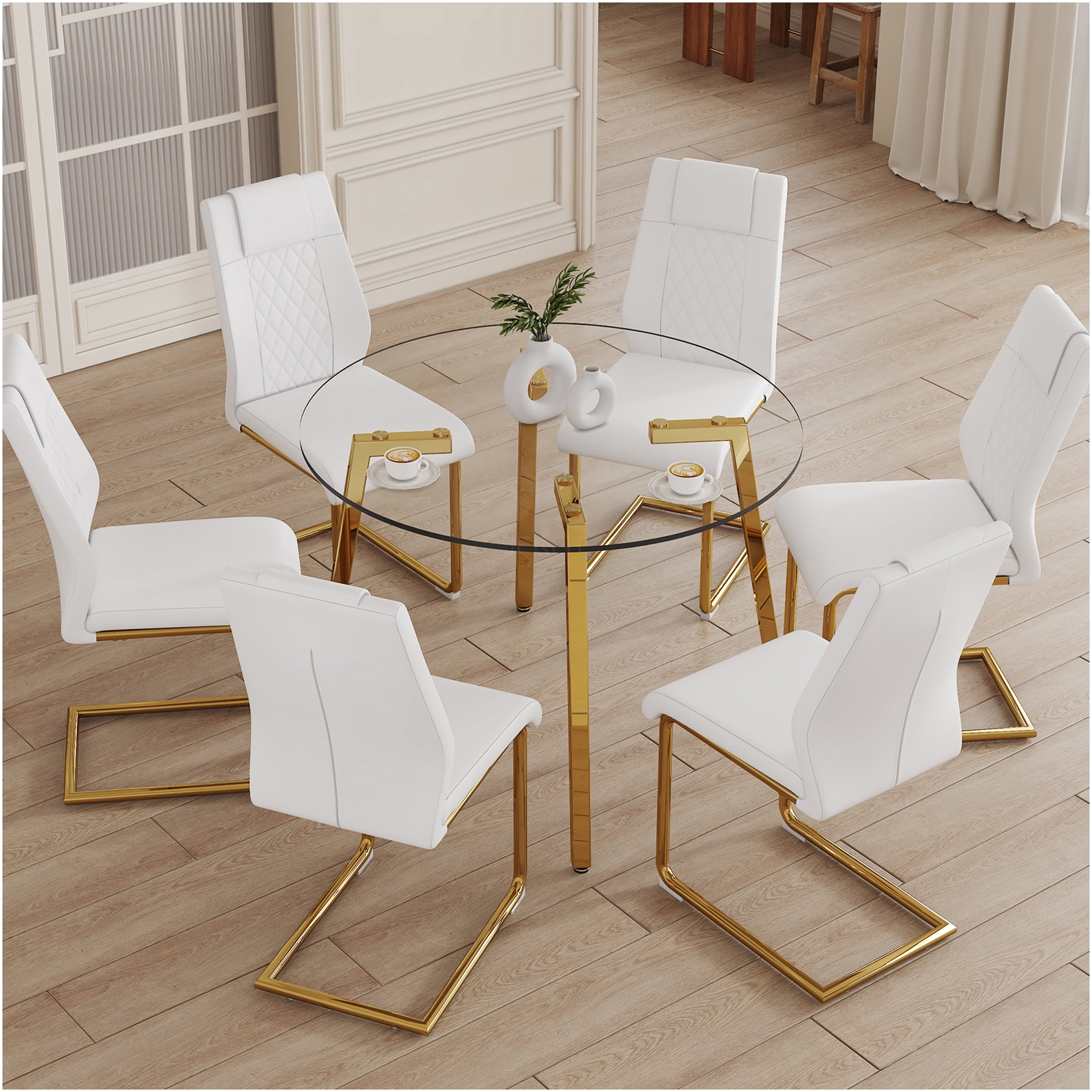 JERFIT 6-Seater Modern Dining Table Set with Clear Tempered Glass Top ...