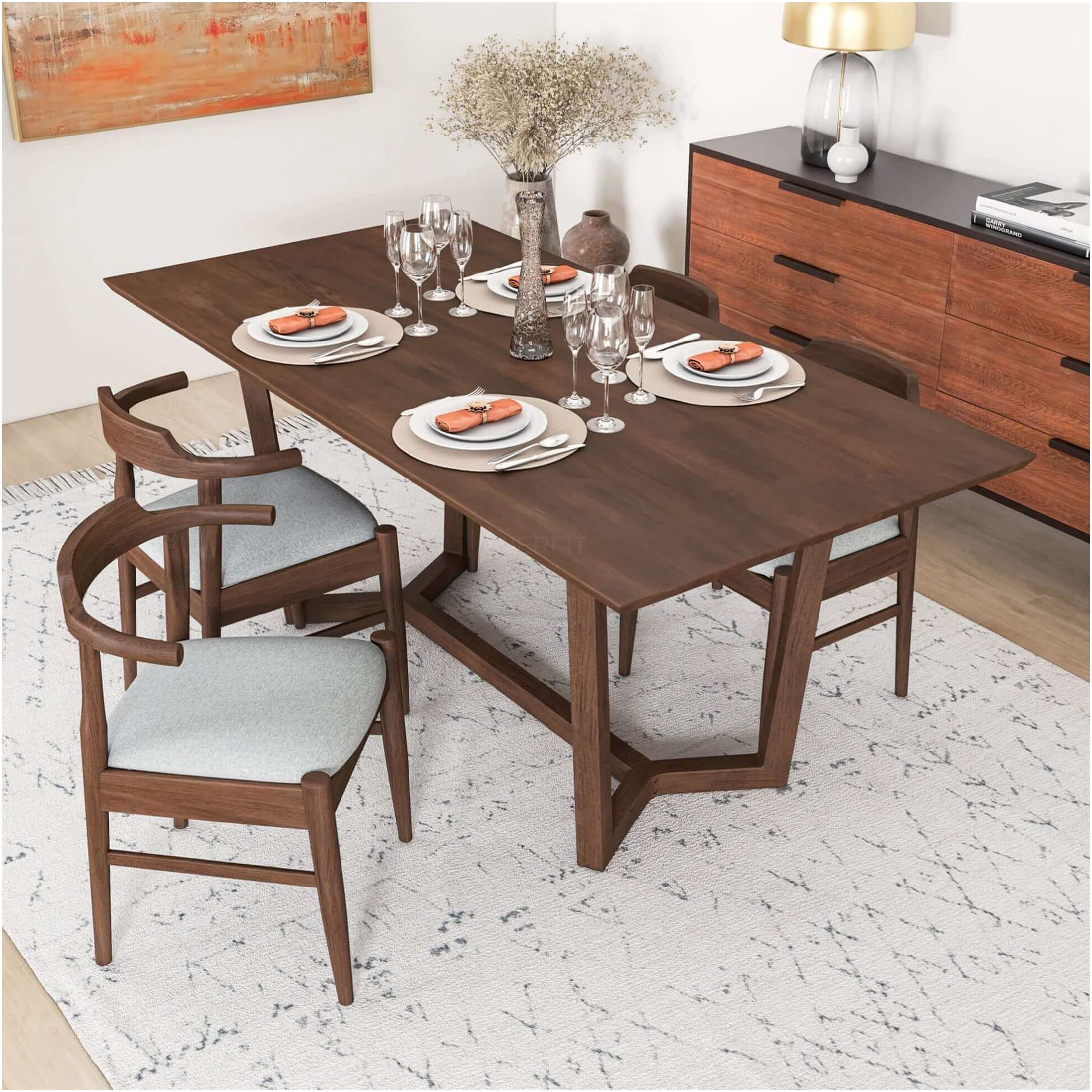 JERFIT 6-Seater Solid Wood Dining Table Set with 4 Chairs, Modern Oak ...