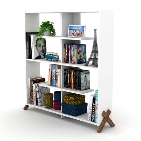 JERFIT 6 Shelf Industrial Bookcase, Solid Wood Open Shelf Organizer with Metal Frame for Living Room, Office, Walnut Finish