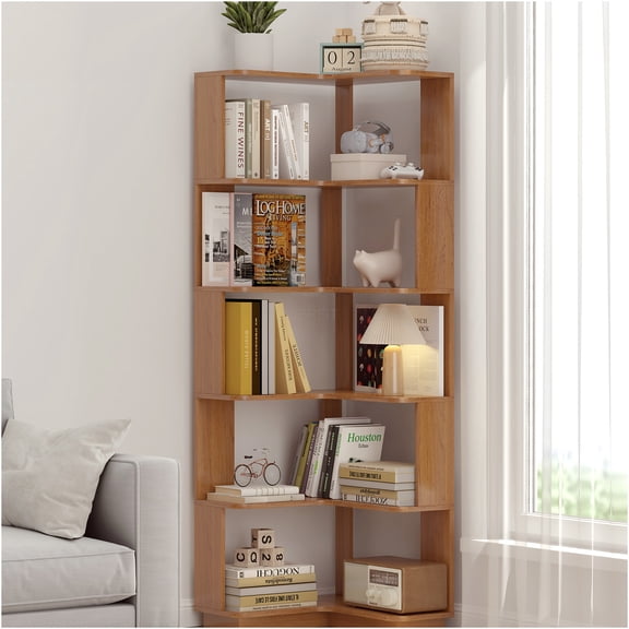 JERFIT 6-Tier Corner Bookshelf, Dark Oak Freestanding Storage Shelf with Anti-Tip Kit, L-Shaped Bookcase Organizer for Living Room, Bedroom, Home Office