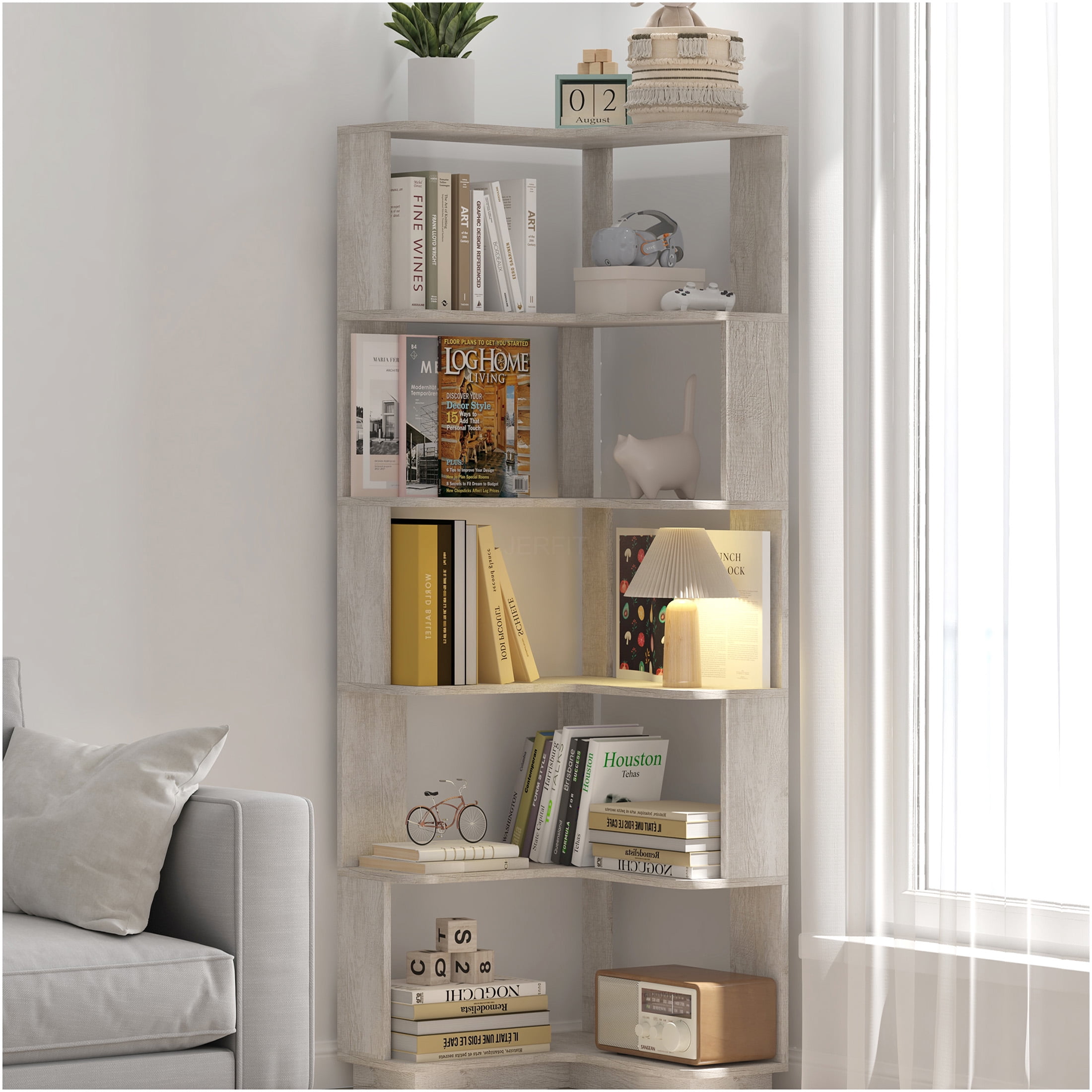 JERFIT 6 Tier Corner Bookshelf, L-Shaped Freestanding Bookcase with ...