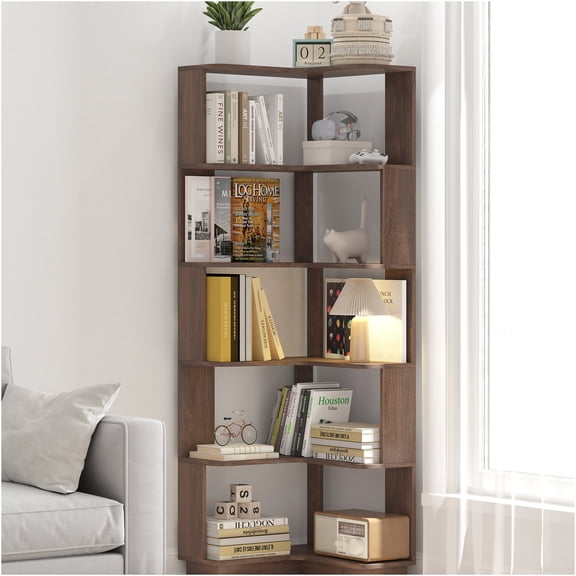 JERFIT 6-Tier Corner Bookshelf, L-Shaped Freestanding Bookcase with Anti-Tip Safety, Open Storage Shelf for Living Room, Bedroom, Home Office in Dark Brown